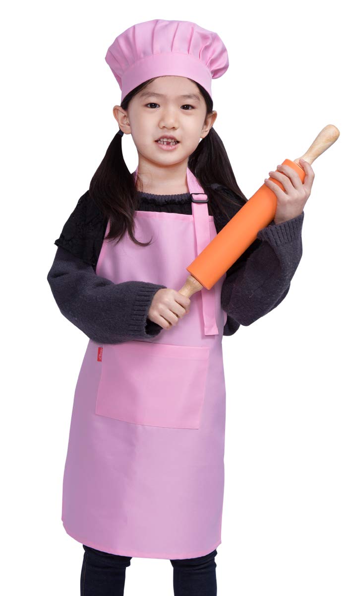 ALIPOBO Kids Apron and Chef Hat Set, Children's Adjustable Bib Apron with 2 Pockets. Cute Boys Girls Kitchen Apron for Cooking, Baking, Painting, Training Wear (6-12 Year, Pink) - Image 2